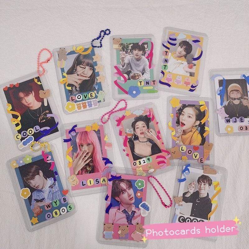 5pcs /lot Korea Kpop Photocards Protector Storage Bag Transparent Sleeves Card Holder With Chain School Korean Stationery