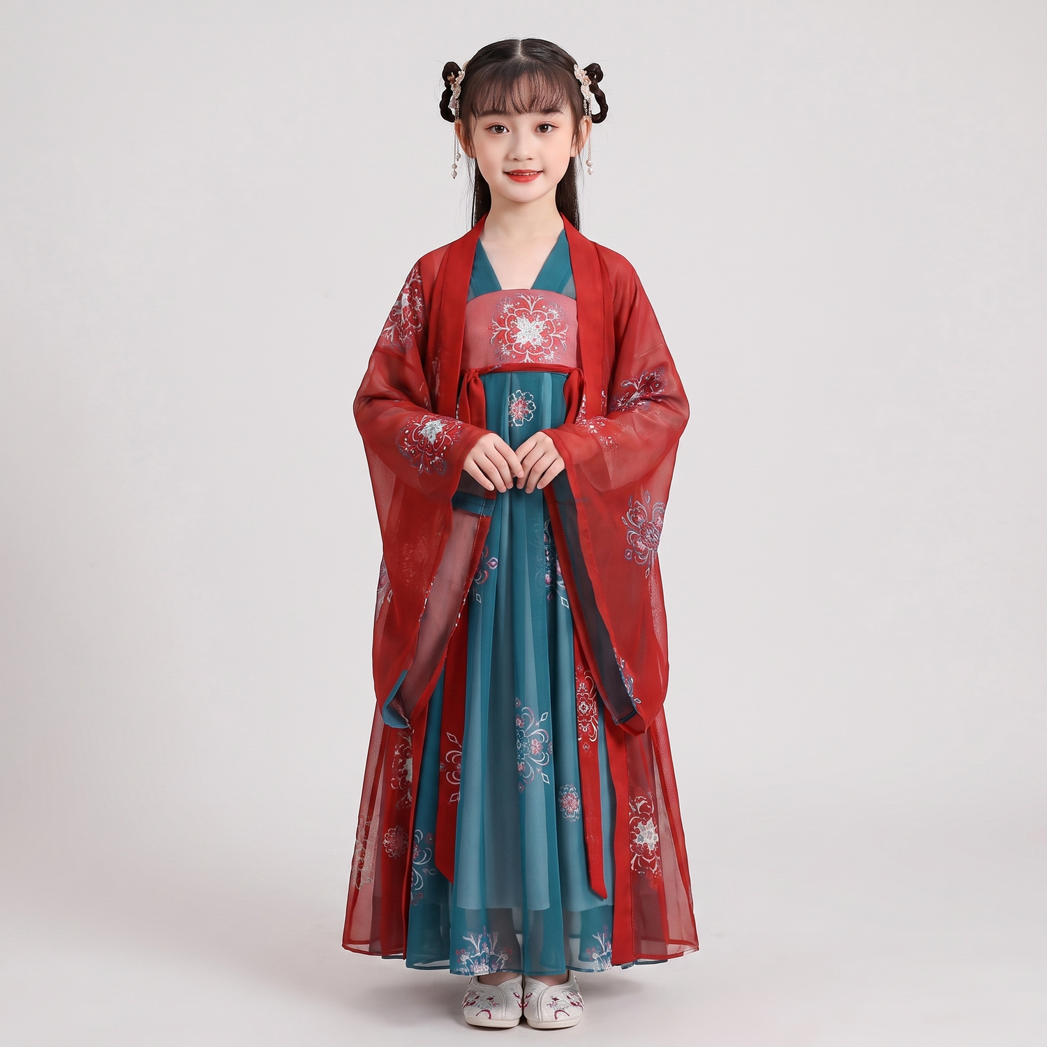 Girls Hanfu Dress Red Teal