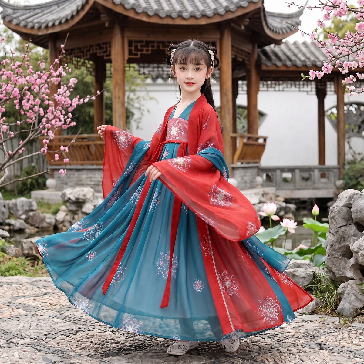 Girls Hanfu Dress Red Teal