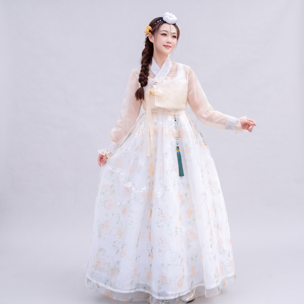 White Floral Hanbok Dress