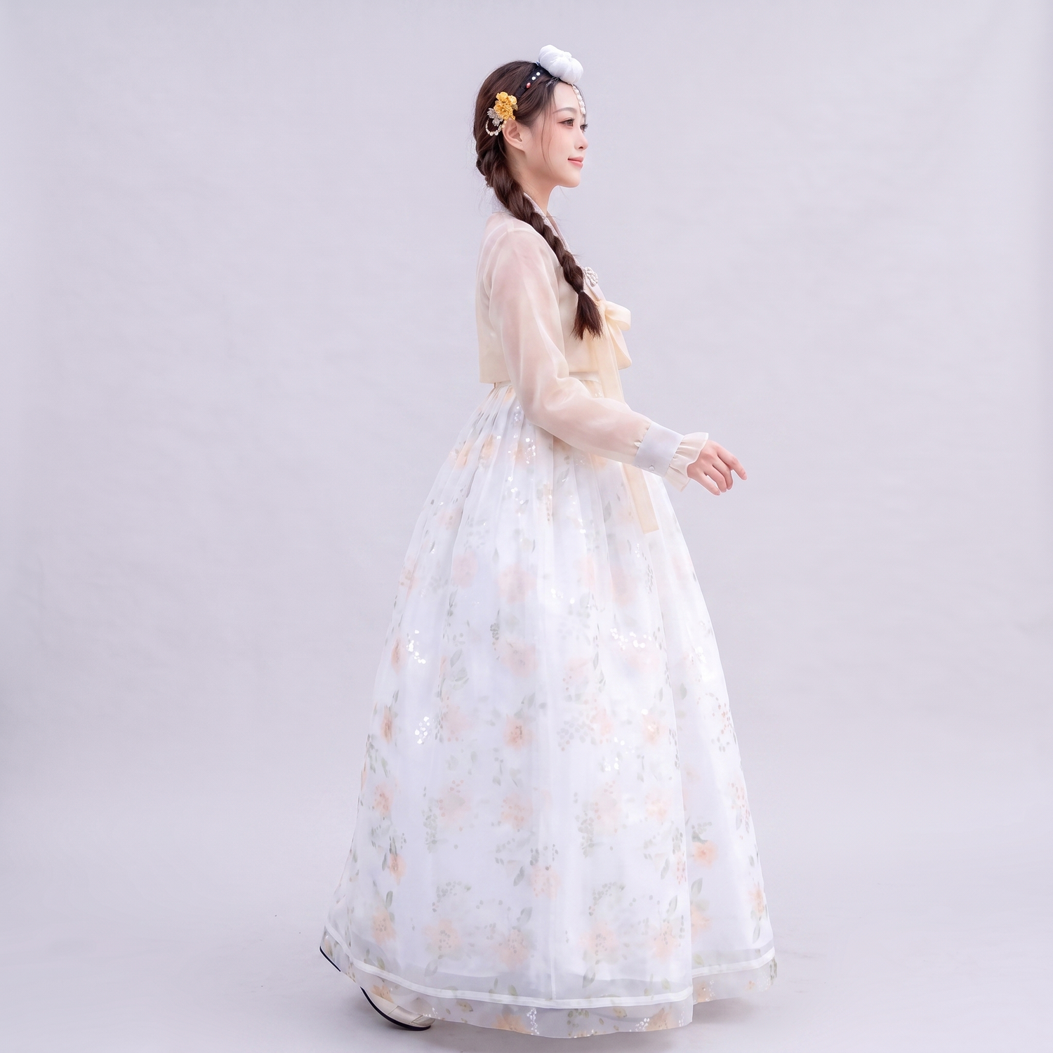 White Floral Hanbok Dress