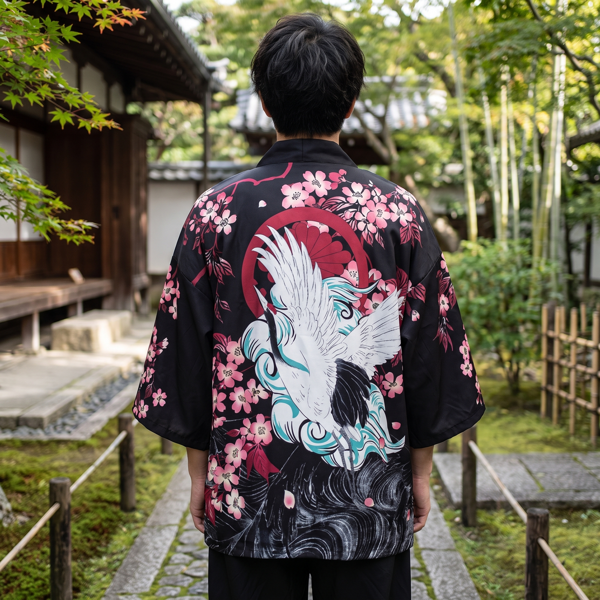Japanese Crane and Sakura Kimono