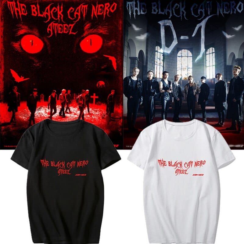 Kpop Ateez A TEEnager Z THE BLACK CAT NERO Fanclub Goods Summer Short Sleeves T-Shirt TShirt Tee Tops Cotton Drop Shipping