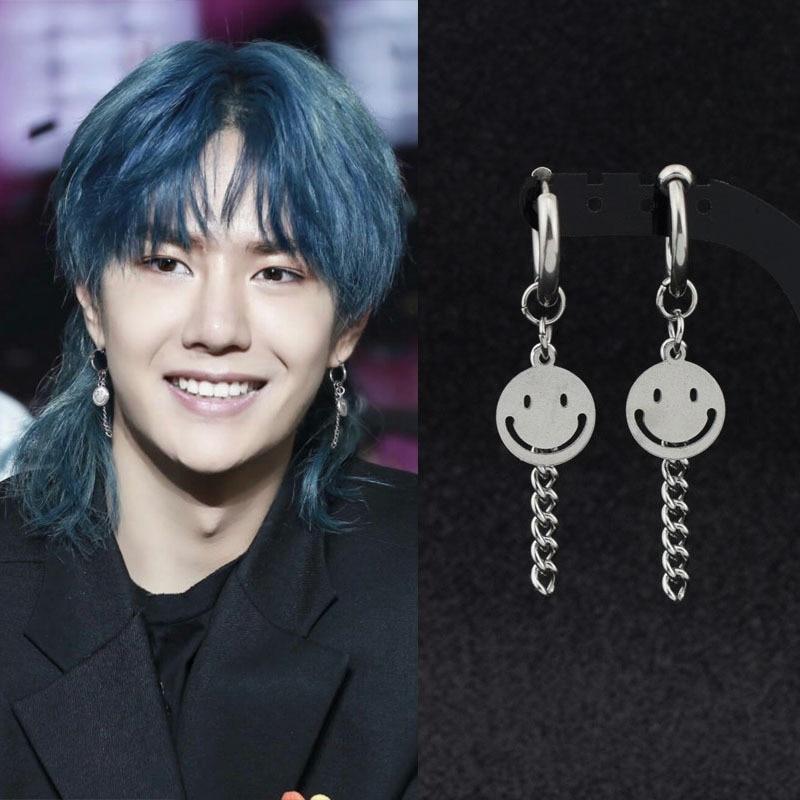 KPOP DNA Korean Boys Idol Urban Rapper Stainless Steel Punk Stud Earrings Smile Face Long Chain Pendant Ear Clip Unisex Jewelry